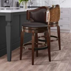 Jasper Bar Chair 42 in. Solid Wood with Curved Back in Black Faux Leather with Paisley Accent Fabric - Set of 2 by Steve Silver -Steve Silver Online Store brown cherry steve silver bar stools jr300bcc 31 1000