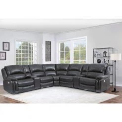 Denver 118 in. Wide Straight Pillow Top Arm 7-Piece Leather U-Shape Sectional Sofa Gray with Power Recline by Steve Silver -Steve Silver Online Store charcoal steve silver sectional sofas dn5691c7pcsect 31 1000