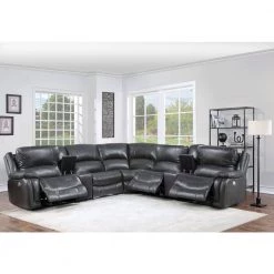 Denver 118 in. Wide Straight Pillow Top Arm 7-Piece Leather U-Shape Sectional Sofa Gray with Power Recline by Steve Silver -Steve Silver Online Store charcoal steve silver sectional sofas dn5691c7pcsect 4f 1000