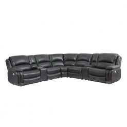 Denver 118 in. Wide Straight Pillow Top Arm 7-Piece Leather U-Shape Sectional Sofa Gray with Power Recline by Steve Silver