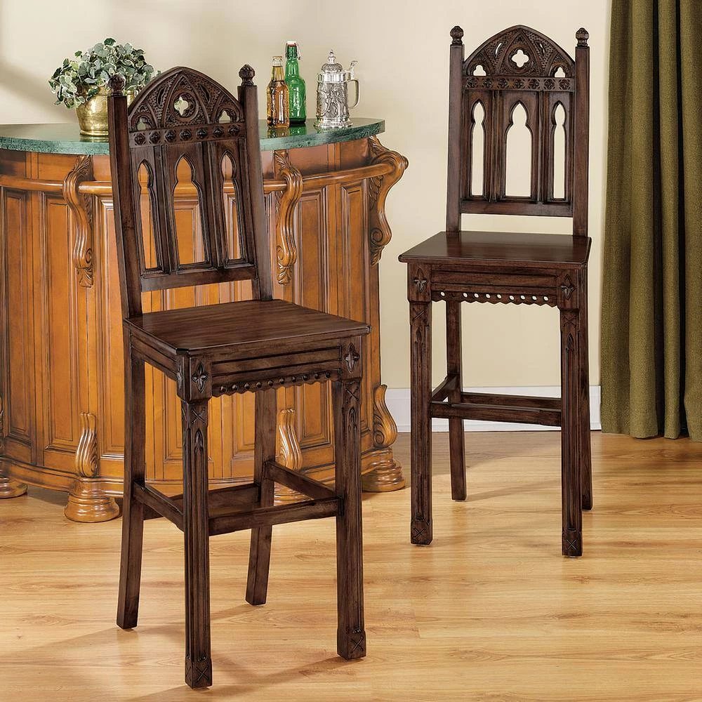 Sudbury 53 in. Brown High Back Mahogany Bar Height Bar Stool with Wooden Seat (Set of 2) by Design Toscano 7 Sudbury 53 in. Brown High Back Mahogany Bar Height Bar Stool with Wooden Seat (Set of 2) by Design Toscano - Image 5