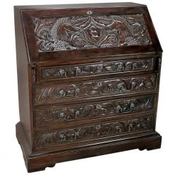 Carved Unicorn 33 in. Rectangular Mahogany Brown 9-Drawer Drop-Front Writing Desk by Design Toscano