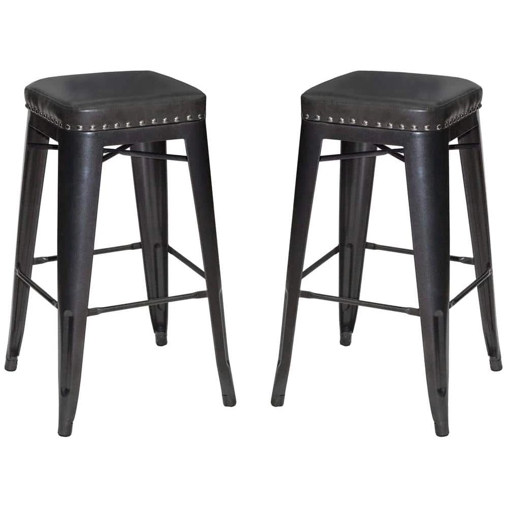 Hank 30 in. Dark Gray Backless Steel Cushioned Bar Stool with Gray Faux Leather Seat (Set of 2) by Steve Silver 3 Hank 30 in. Dark Gray Backless Steel Cushioned Bar Stool with Gray Faux Leather Seat (Set of 2) by Steve Silver