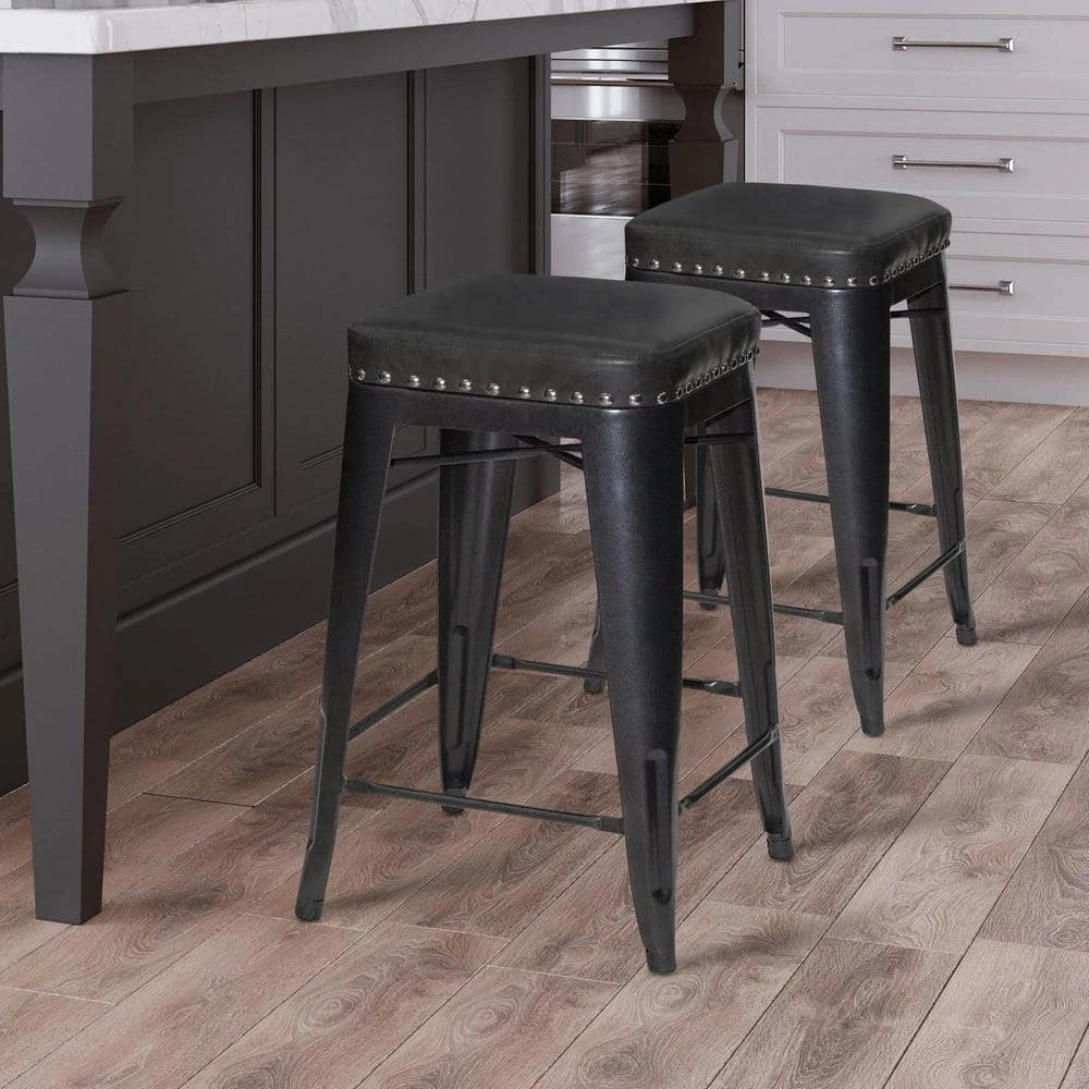 Hank 24 in. Dark Gray Backless Steel Cushioned Counter Stool with Gray Faux Leather Seat (Set of 2) by Steve Silver 7 Hank 24 in. Dark Gray Backless Steel Cushioned Counter Stool with Gray Faux Leather Seat (Set of 2) by Steve Silver - Image 5
