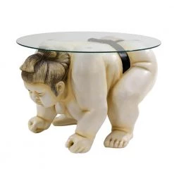 Basho The Sumo Wrestler Full Color 18 in. H x 27 in. W Multi-Colored Round Glass Topped Sculptural End Side Table by Design Toscano