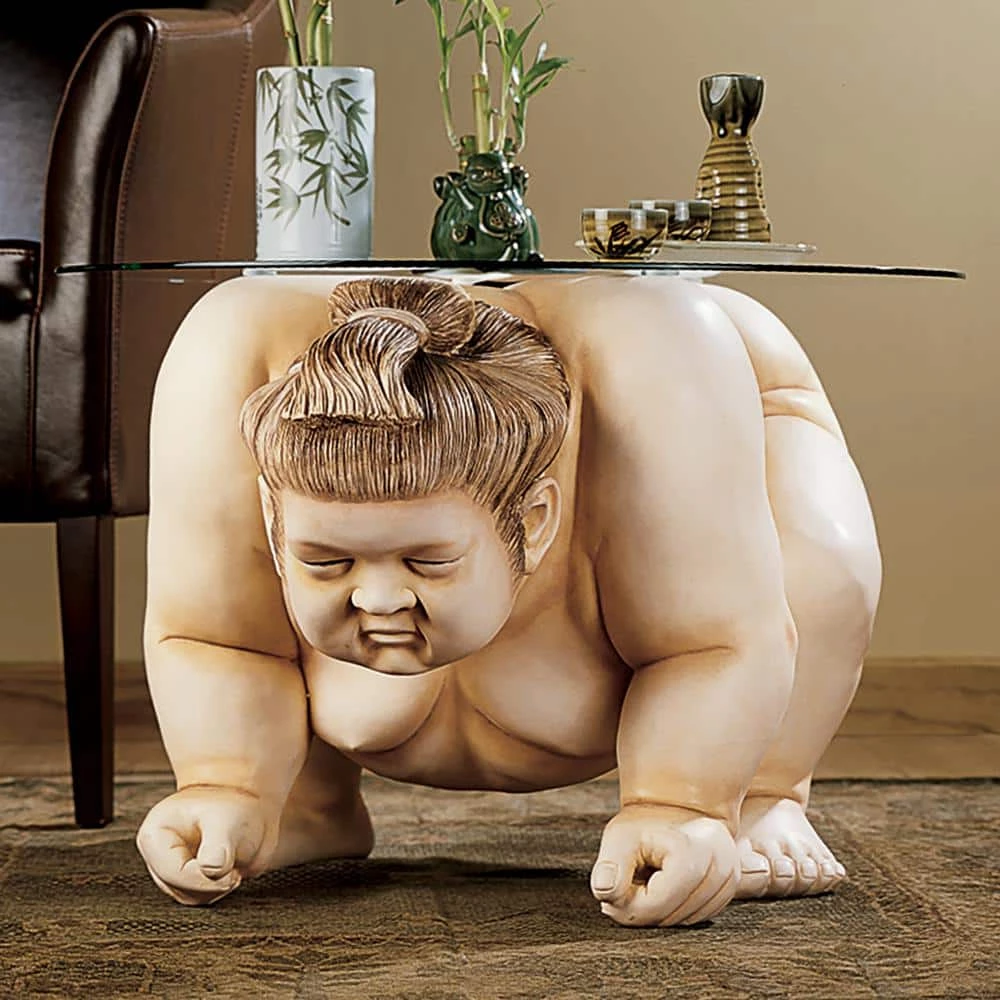 Basho The Sumo Wrestler Full Color 18 in. H x 27 in. W Multi-Colored Round Glass Topped Sculptural End Side Table by Design Toscano 4 Basho The Sumo Wrestler Full Color 18 in. H x 27 in. W Multi-Colored Round Glass Topped Sculptural End Side Table by Design Toscano - Image 2