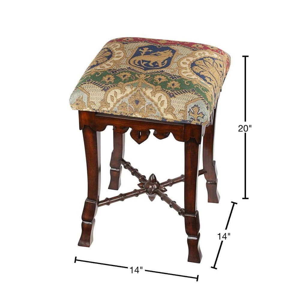 The Medieval 20 in. Walnut Backless Mahogany Short Height Mace Stool with Jacquard Upholstery Seat by Design Toscano 5 The Medieval 20 in. Walnut Backless Mahogany Short Height Mace Stool with Jacquard Upholstery Seat by Design Toscano - Image 3