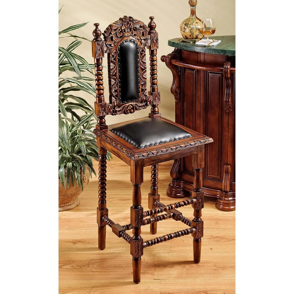 Charles II 53 in. Brown High Back Mahogany Extra Tall Height Bar Stool with Leather Seat (Set of 2) by Design Toscano 5 Charles II 53 in. Brown High Back Mahogany Extra Tall Height Bar Stool with Leather Seat (Set of 2) by Design Toscano - Image 3