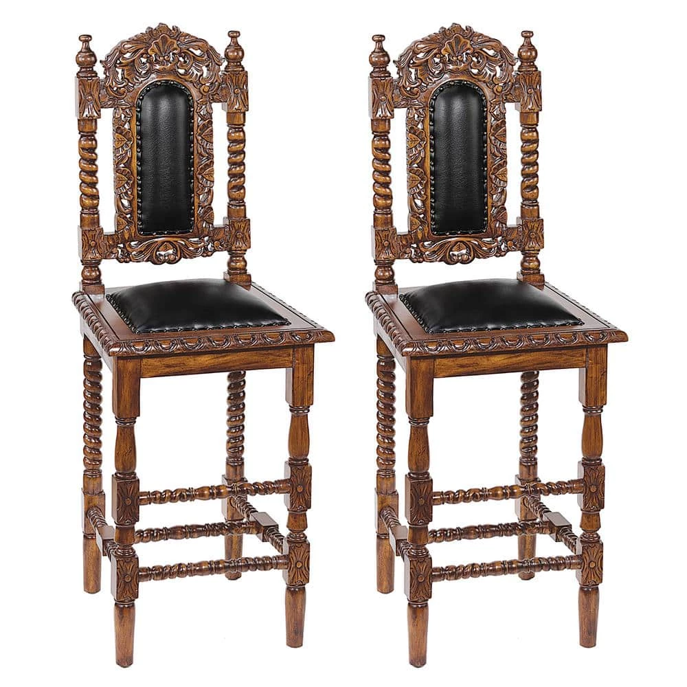 Charles II 53 in. Brown High Back Mahogany Extra Tall Height Bar Stool with Leather Seat (Set of 2) by Design Toscano 3 Charles II 53 in. Brown High Back Mahogany Extra Tall Height Bar Stool with Leather Seat (Set of 2) by Design Toscano