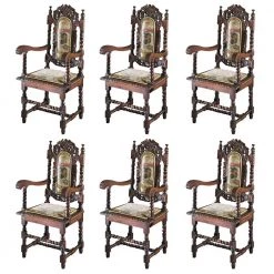 Charles II Walnut Mahogany Arm Chair (Set of 6) by Design Toscano