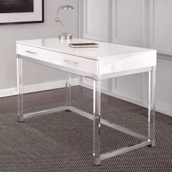 Everett 47 in. Rectangular White 2-Drawer Computer Desk with Chrome and Acrylic Accents by Steve Silver -Steve Silver Online Store white steve silver computer desks et200dw 1f 1000